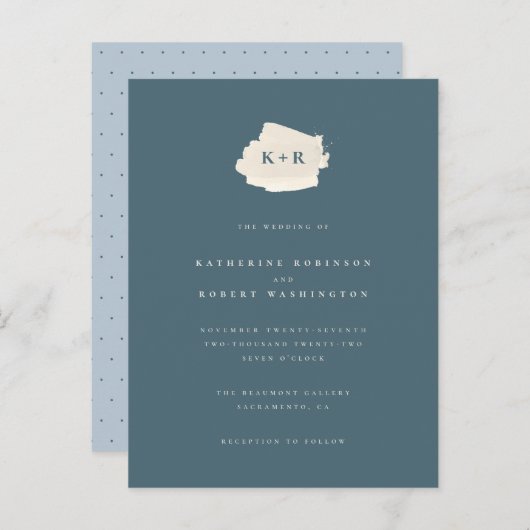 Minimal Blue & Cream Watercolor Initials Wedding Einladungspostkarte (Vorne/Hinten)