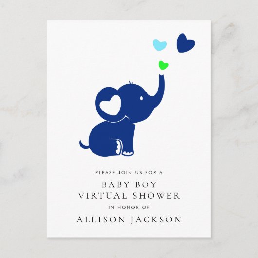 Minimal Blue Elephant Baby Boy Virtual Dusche Einladungspostkarte (Vorderseite)