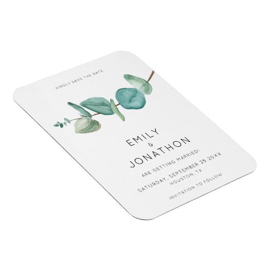 Minimal Blue Eucalyptus Blätter Save the Date Magn Magnet (Rechte Seite)