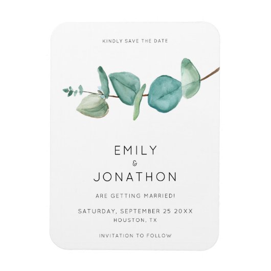 Minimal Blue Eucalyptus Blätter Save the Date Magn Magnet (Vertikal)