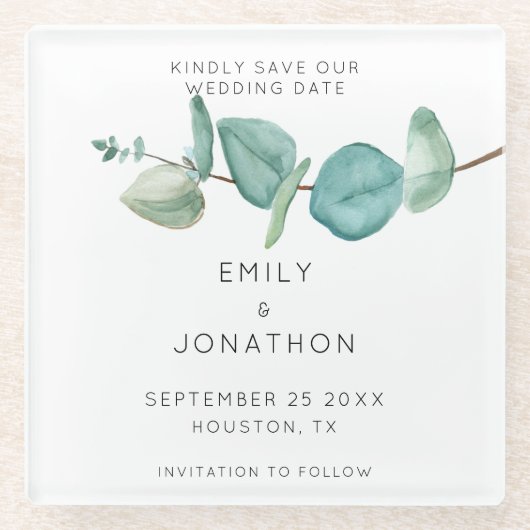 Minimal Blue Eucalyptus Keepake Save the Date Gla Glasuntersetzer (Vorderseite)