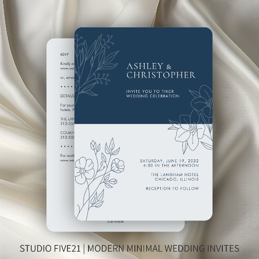 Minimal Blue Foliage Kontur All-in-One Hochzeit Einladung