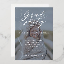 Minimal Blue Foto Grad Party Moderne Kalligraphie Folieneinladung