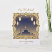 Minimal Blue & Gold Mosque Skyline Eid Mubarak  Karte (Vorderseite)