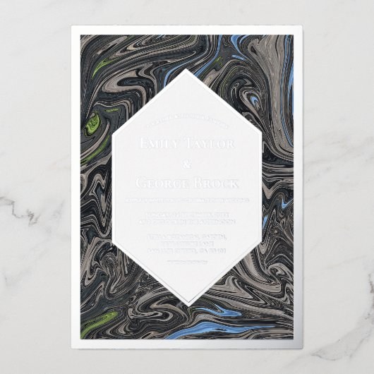 Minimal Blue Gray Waves Abstrakt Wedding Silver Folieneinladung (Vorderseite)