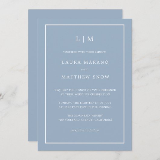 Minimal Blue Monogram Simple Wedding Einladung (Vorne/Hinten)