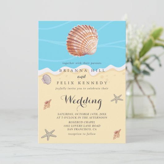 Minimal Blue Ocean Summer Wedding Einladung (Stehend Vorderseite)