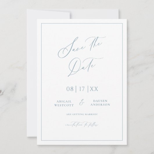 Minimal Blue Save the Date Hochzeitsankündigung (Vorderseite)