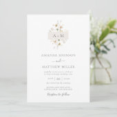 Minimal Blue Watercolor Floral Monogram Wedding Einladung (Stehend Vorderseite)