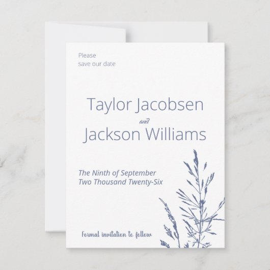 Minimal Blue Wedding speichern Sie das Datum (Vorderseite)