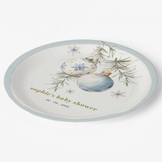 Minimal Blue Winter Weihnachten Babydusche Pappteller (Schrägansicht)