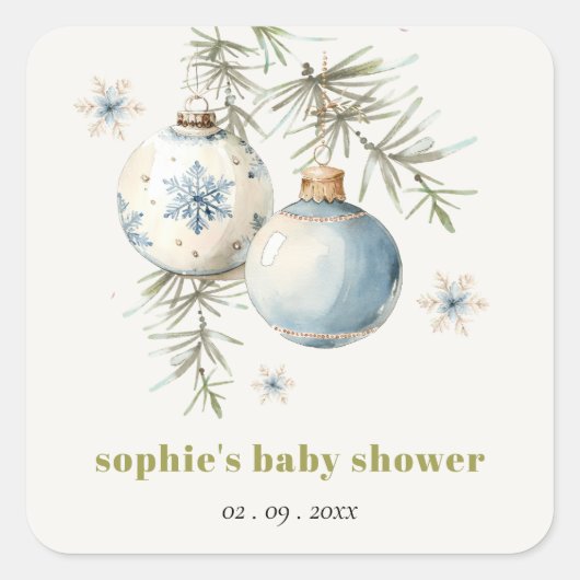 Minimal Blue Winter Weihnachten Babydusche Quadratischer Aufkleber (Vorderseite)