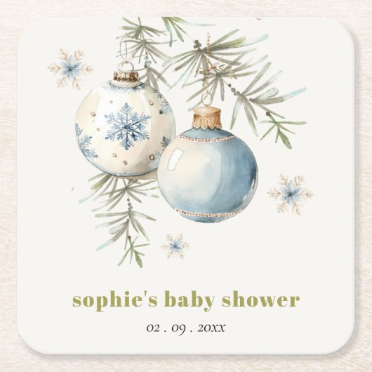 Minimal Blue Winter Weihnachten Babydusche Rechteckiger Pappuntersetzer (Vorderseite)