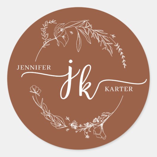 Minimal Blumenkraut Terracotta Monogram Wedding Runder Aufkleber (Vorderseite)