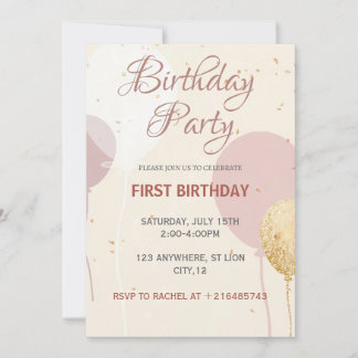 Minimal Blush Ballon 1. Geburtstag für Mädchen Einladung