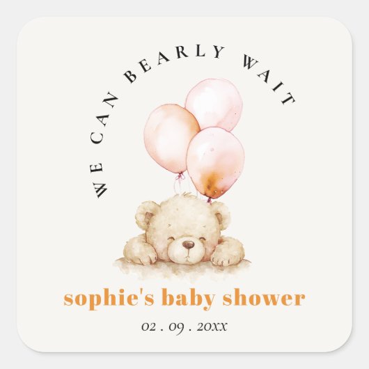 Minimal Blush Bearly Wait Balloon Baby Dusche Quadratischer Aufkleber (Vorderseite)