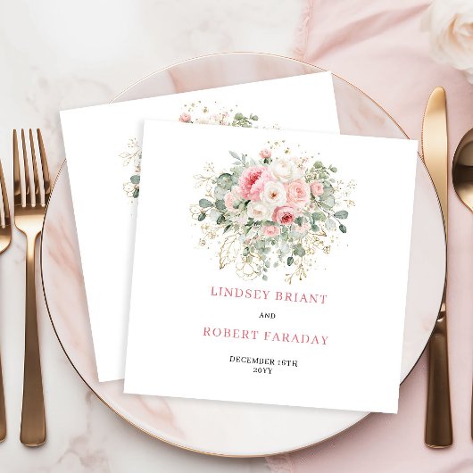 Minimal Blush Floral Greenery Gold Wedding Napkins Serviette