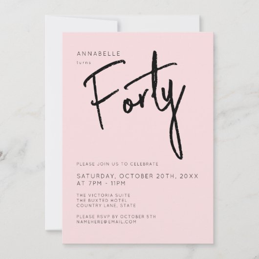 Minimal Blush Pink 40. 40. Geburtstag Einladung (Vorderseite)