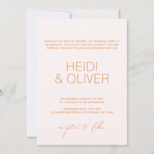Minimal blush Pink & Bright Orange Foto Hochzeit I Einladung (Rückseite)