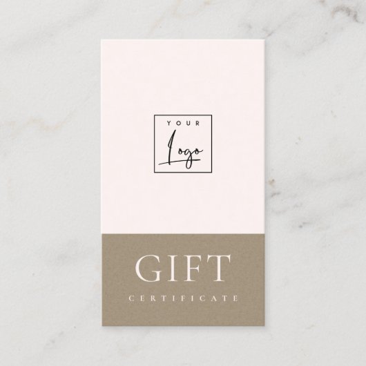 Minimal Blush Pink Kraft Logo Geschenkgutschein Visitenkarte (Vorderseite)