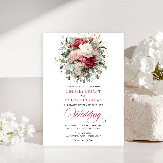 Minimal Bohemian Red Blush Floral Greenery Invites Einladung