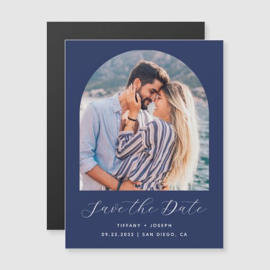 Minimal Boho Arch Foto Navy Blue Script Magneteinladung (Vorne/Hinten)