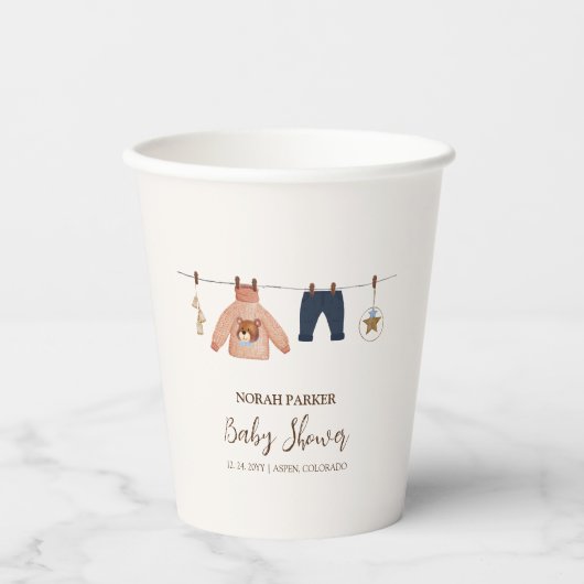 Minimal Boho Boy Winter Clothesline Babydusche Pappbecher (Vorderseite)