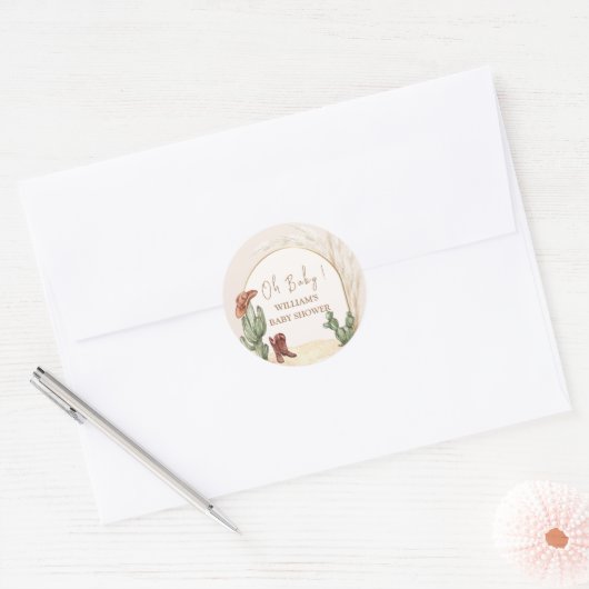 Minimal Boho Cactus Arch Desert Cowboy Babydusche Runder Aufkleber (Umschlag)