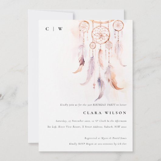 Minimal Boho Feather Dreamcatcher Geburtstag Einladung (Vorderseite)