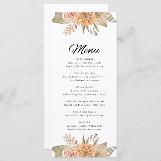 Minimal Boho Floral Wedding Menü Card Menükarte (Vorne/Hinten)