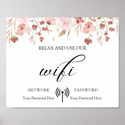 Minimal Boho Floral Wedding Wifi Poster (Vorne)