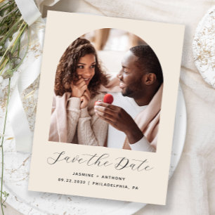 Minimal Boho Foto Arch Beige Ren Save the Date Postkarte