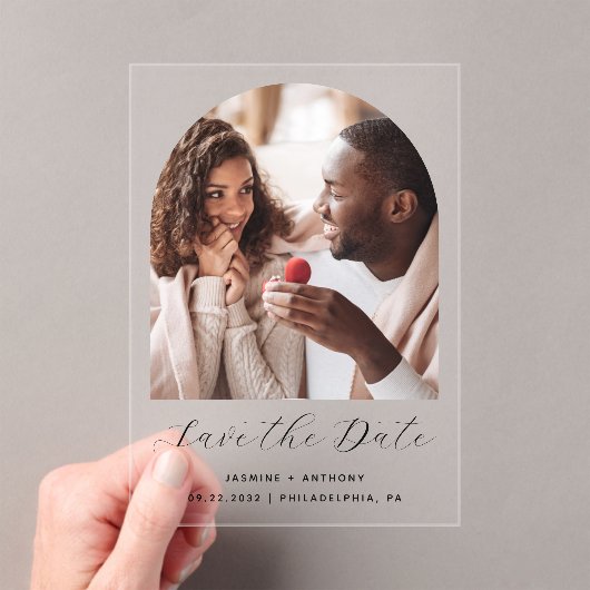 Minimal Boho Foto Arch Black Script Save the Date Acryleinladungen (Insitu (Handheld))