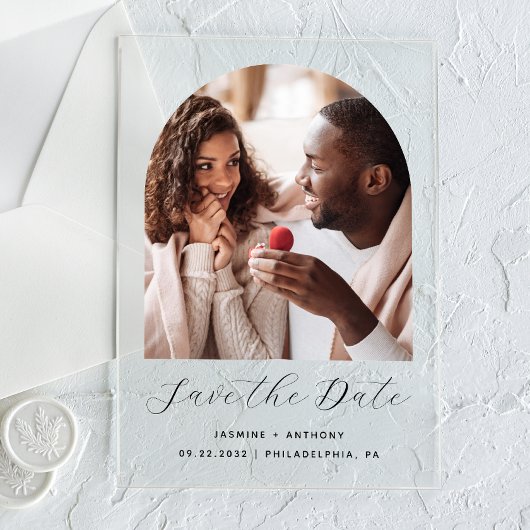 Minimal Boho Foto Arch Black Script Save the Date Acryleinladungen