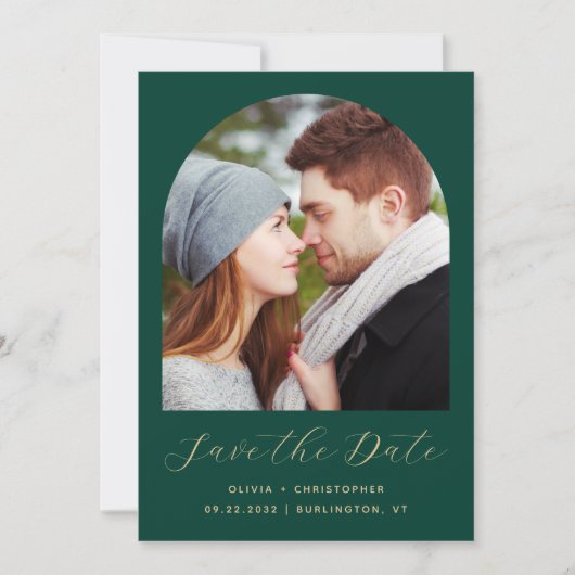 Minimal Boho Foto Arch Emerald Green Gold Script Save The Date (Vorderseite)