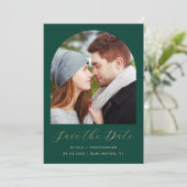 Minimal Boho Foto Arch Emerald Green Gold Script Save The Date (Stehend Vorderseite)