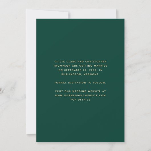 Minimal Boho Foto Arch Emerald Green Gold Script Save The Date (Rückseite)
