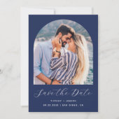 Minimal Boho Foto Arch Navy Blue Script Save The Date (Vorderseite)