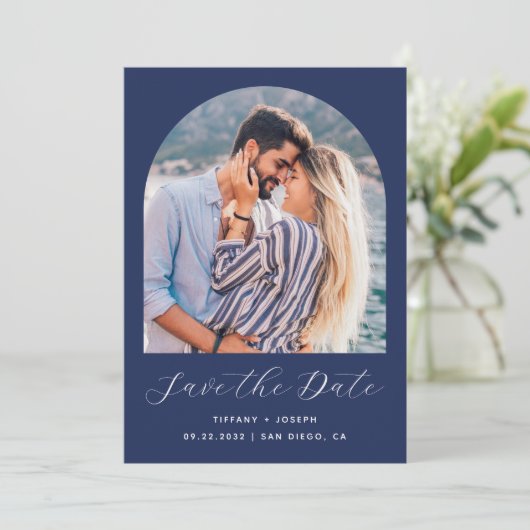 Minimal Boho Foto Arch Navy Blue Script Save The Date (Stehend Vorderseite)