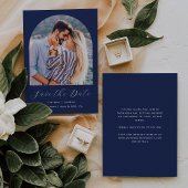 Minimal Boho Foto Arch Navy Blue Script Save The Date