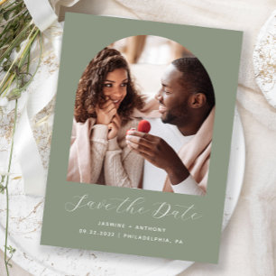Minimal Boho Foto Arch Sage Green Save the Date Postkarte