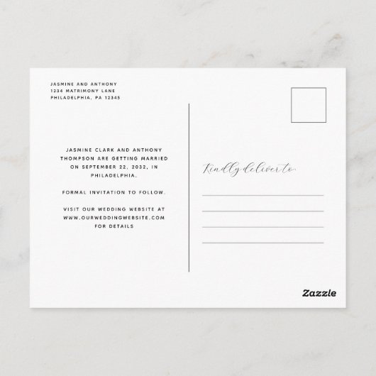 Minimal Boho Foto Arch Save the Date Schwarz-weiß Postkarte (Rückseite)