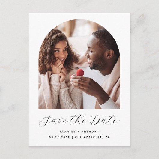 Minimal Boho Foto Arch Save the Date Schwarz-weiß Postkarte (Vorderseite)