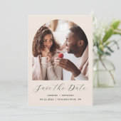 Minimal Boho Foto Arch Script Beige Save The Date (Stehend Vorderseite)