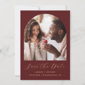 Minimal Boho Foto Arch Script Burgundy Gold Save The Date (Vorderseite)