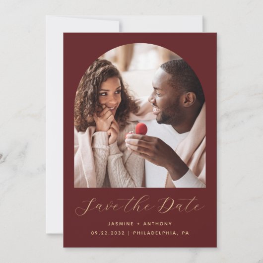 Minimal Boho Foto Arch Script Burgundy Gold Save The Date (Vorderseite)