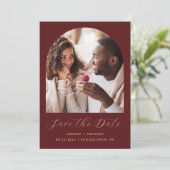 Minimal Boho Foto Arch Script Burgundy Gold Save The Date (Stehend Vorderseite)