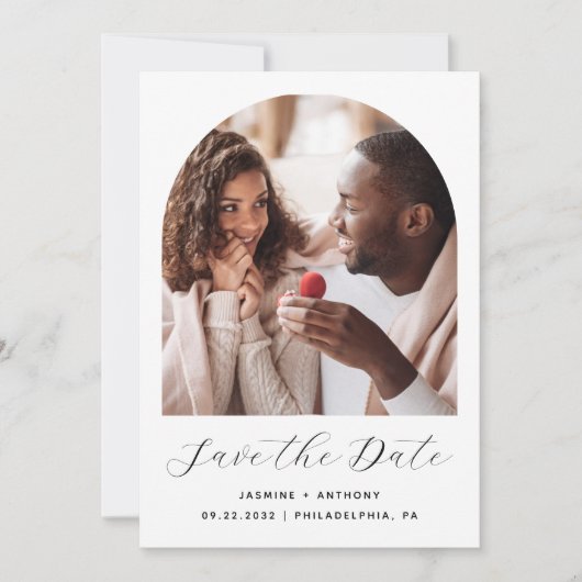 Minimal Boho Foto Arch Script Schwarz und Weiß Save The Date (Vorderseite)