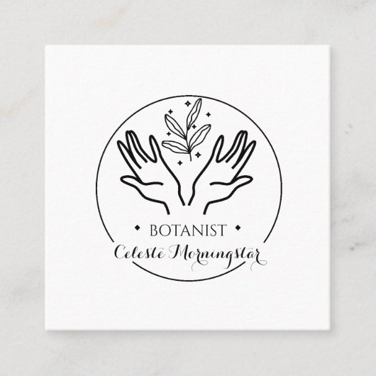 Minimal Boho Hand & Blätter Botanist Logo Square B Quadratische Visitenkarte (Vorderseite)