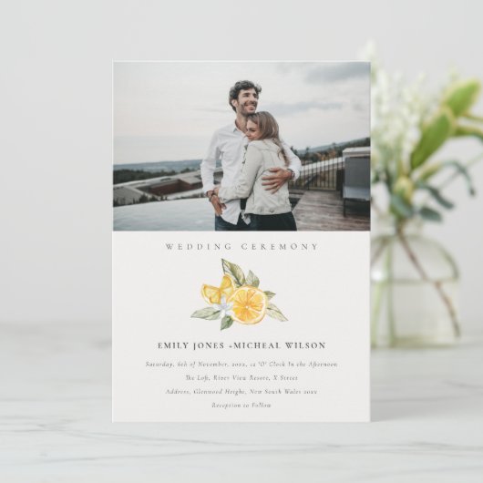 Minimal Boho Lemon Foliage Foto Wedite Einladung (Stehend Vorderseite)